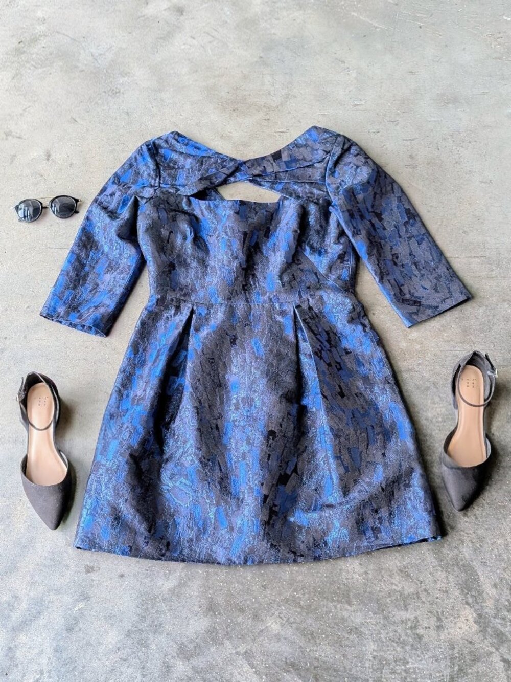Lela Rose Silk Metallic Jacquard Blue Black Bateau Neck Mini Dress size 12